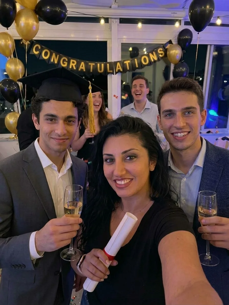 Brindisi tra amici durante una festa di laurea
